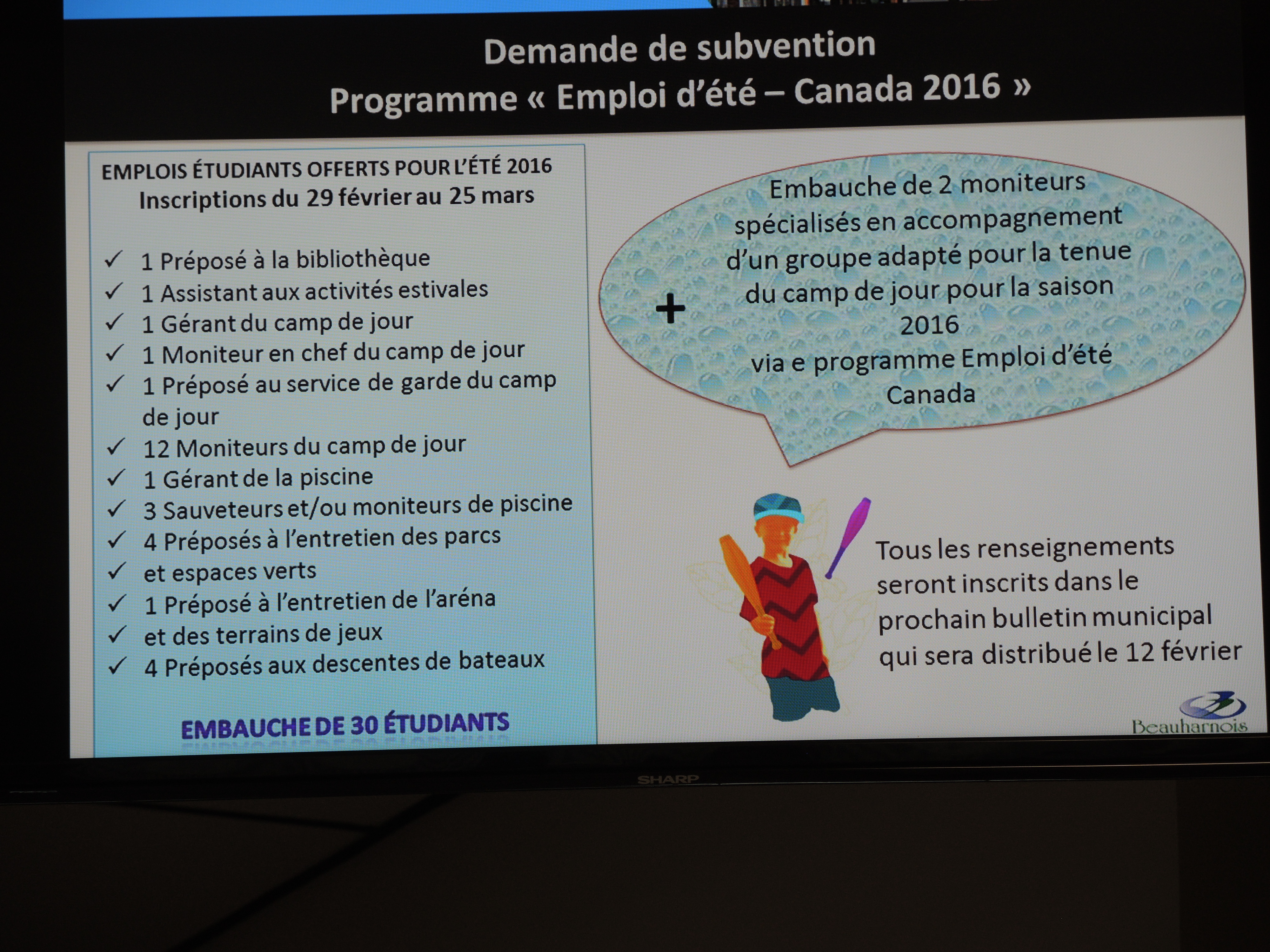La Ville de Beauharnois prévoit engager 30 étudiants