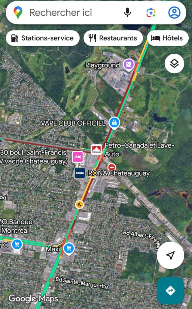 vue google maps du trafic sur Saint-Jean-Baptiste, Saint-Francis et Industriel à Châteauguay le 22 octobre à 7 h du matin.